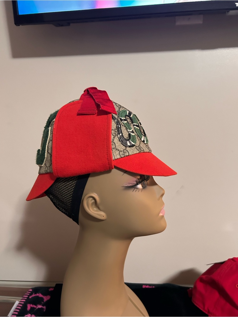 Gucci Red and Beige Baseball Cap with Embroidered Snake